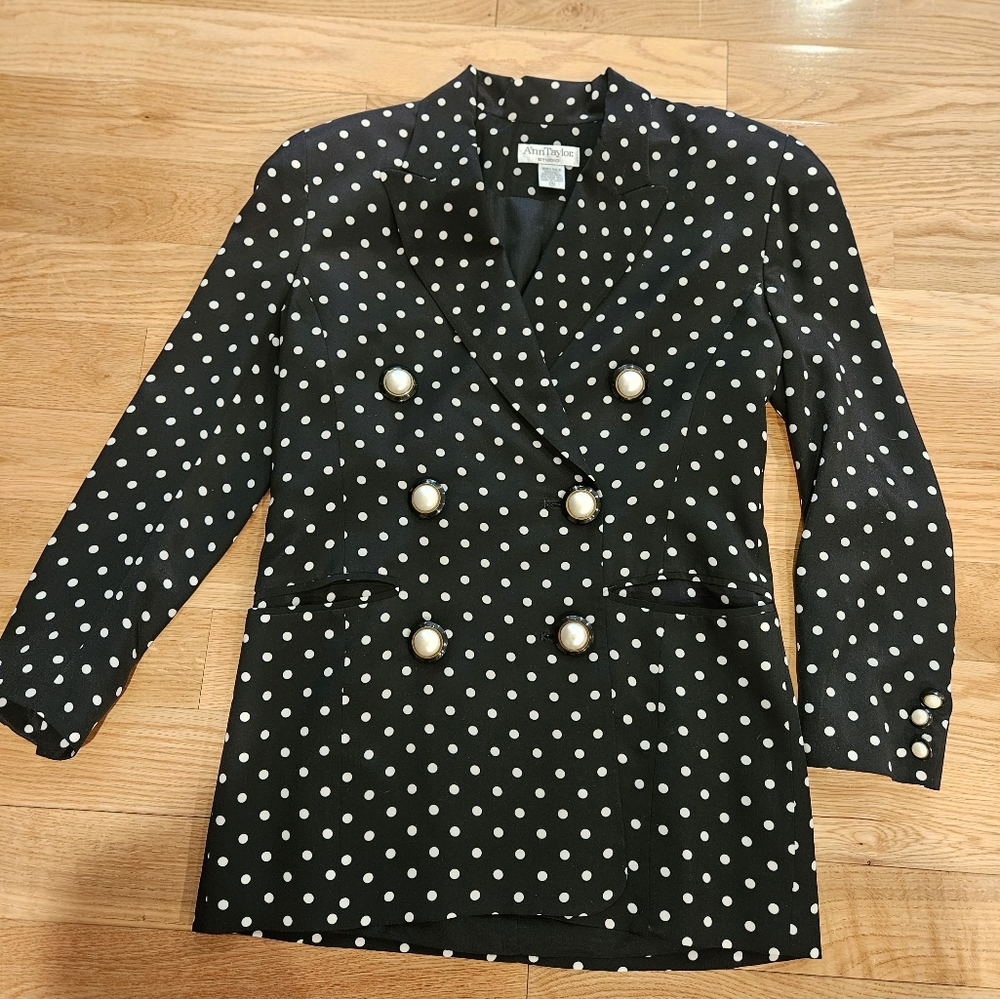 Ann Taylor Black and White Polk-Dotted Silk Blazer